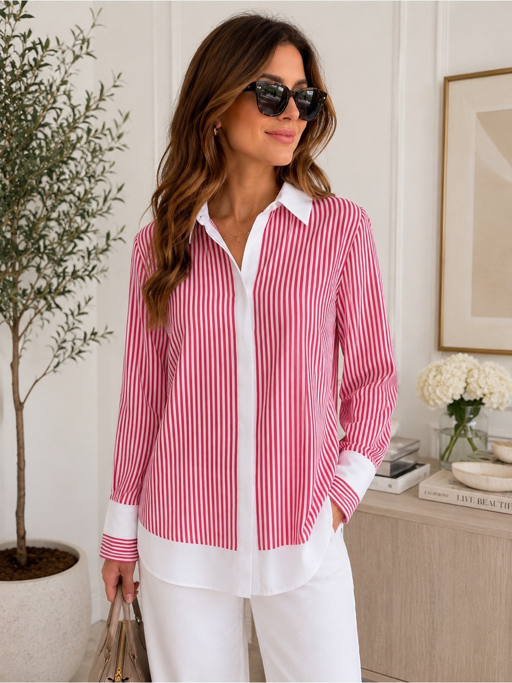 RIANI Red White Stripe Button down Shirt 8 Medium Collar Candy stripe women’s